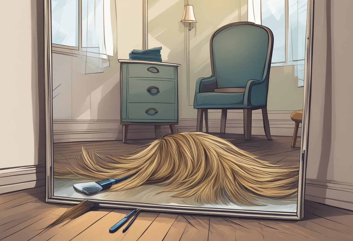 A pile of hair on the floor, a brush with strands stuck in it, and a worried expression in a mirror