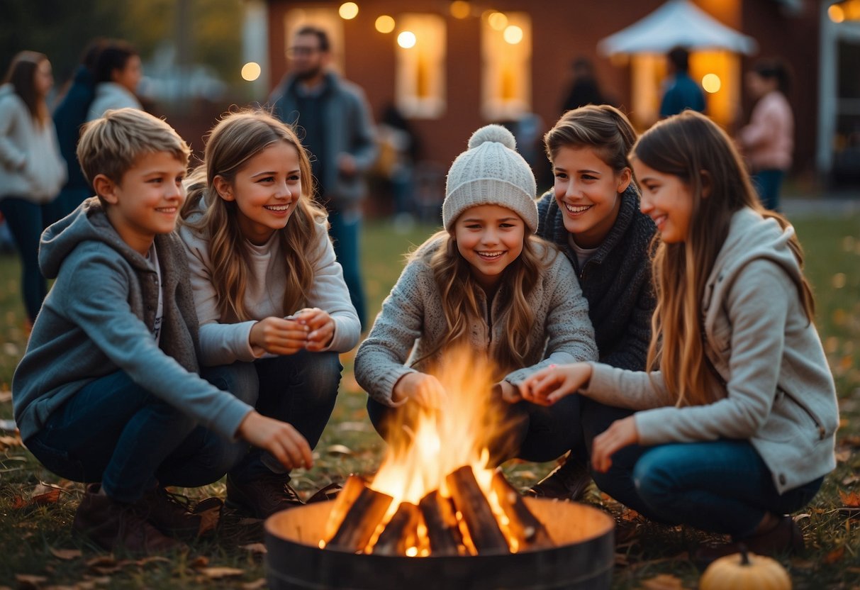 A group of people gather around a bonfire, roasting marshmallows and sharing stories. Children play games in the background, while others decorate the area with fall-themed decorations