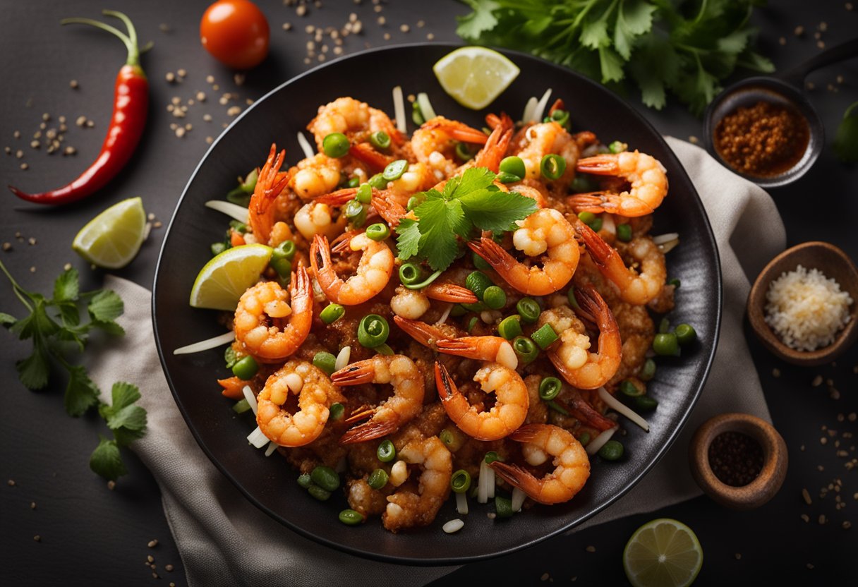 A plate of sizzling crispy prawn chilli with steam rising