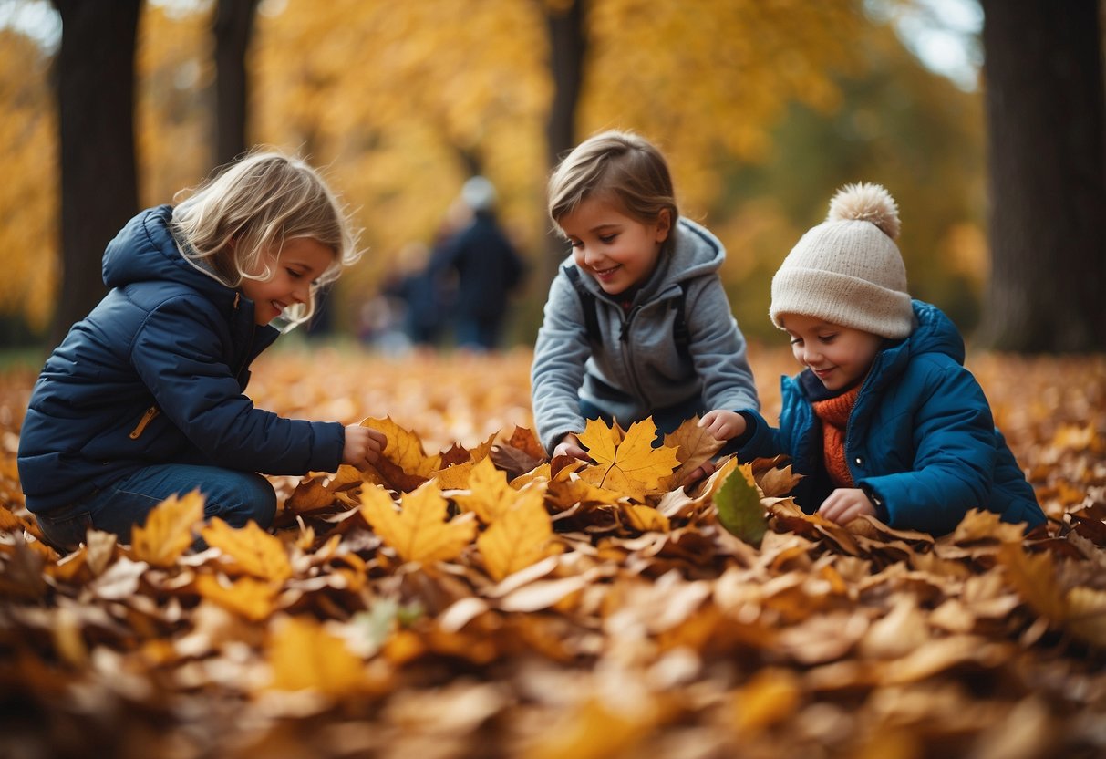 Children playing in a pile of colorful leaves, crafting autumn-themed art, and participating in a nature scavenger hunt