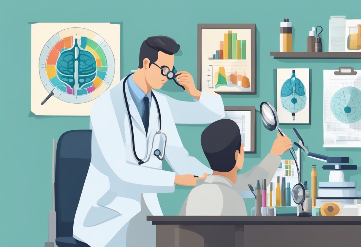 A doctor examining a patient's scalp with a magnifying glass, surrounded by medical charts and diagnostic equipment