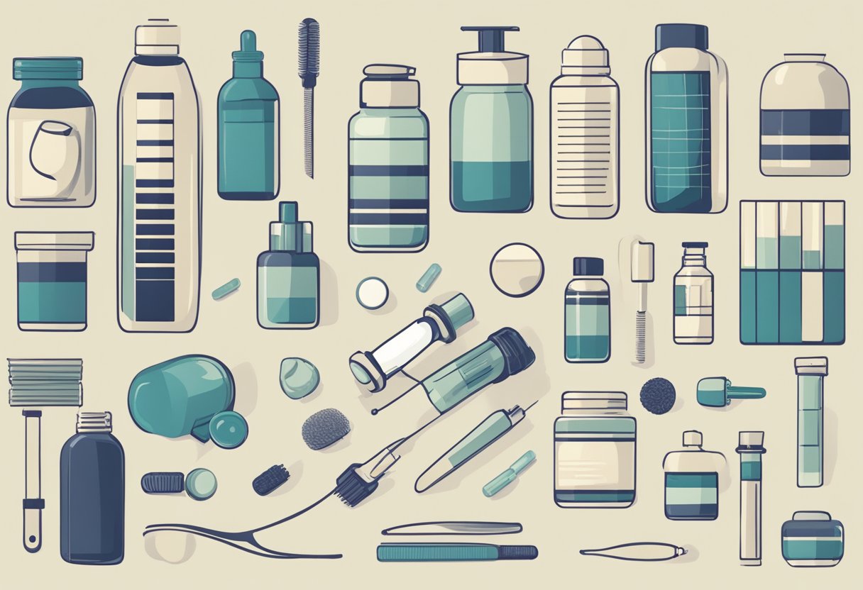 A table with various hair loss treatment options displayed. Bottles, pills, and topical solutions are arranged neatly. A chart or graph showing success rates could be included