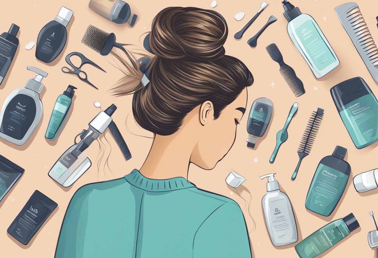 A person applying hair strengthening treatment to their scalp, surrounded by various hair care products and tools