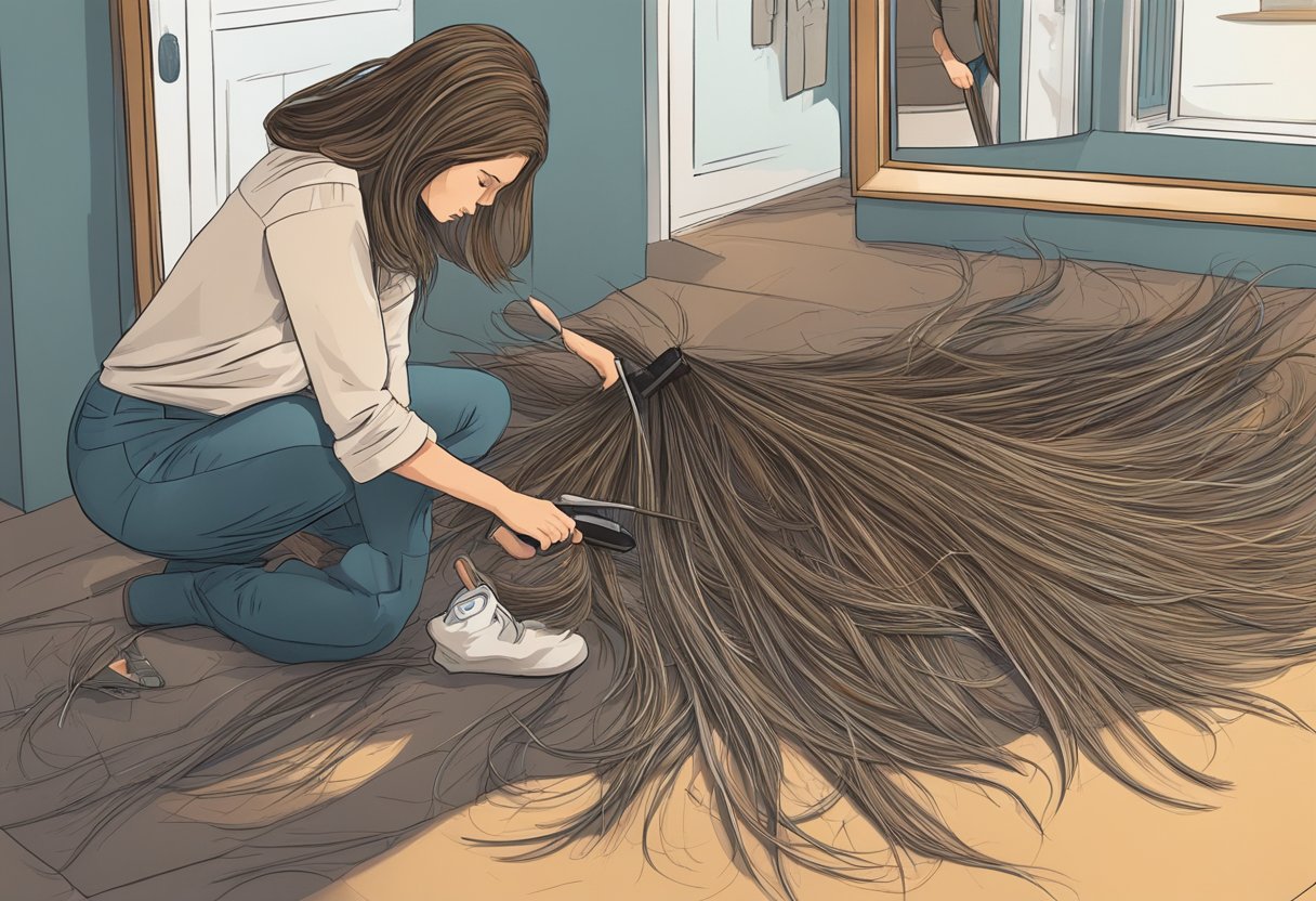 A pile of hair strands scattered on the floor, a few strands clinging to a hairbrush, and a concerned person staring at their thinning hair in the mirror