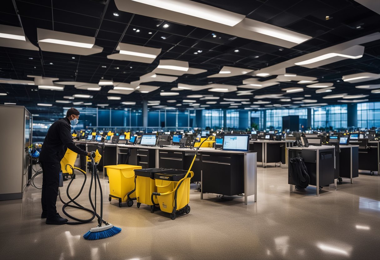 A cleaning operator working at night in a convention center, with equipment and supplies visible