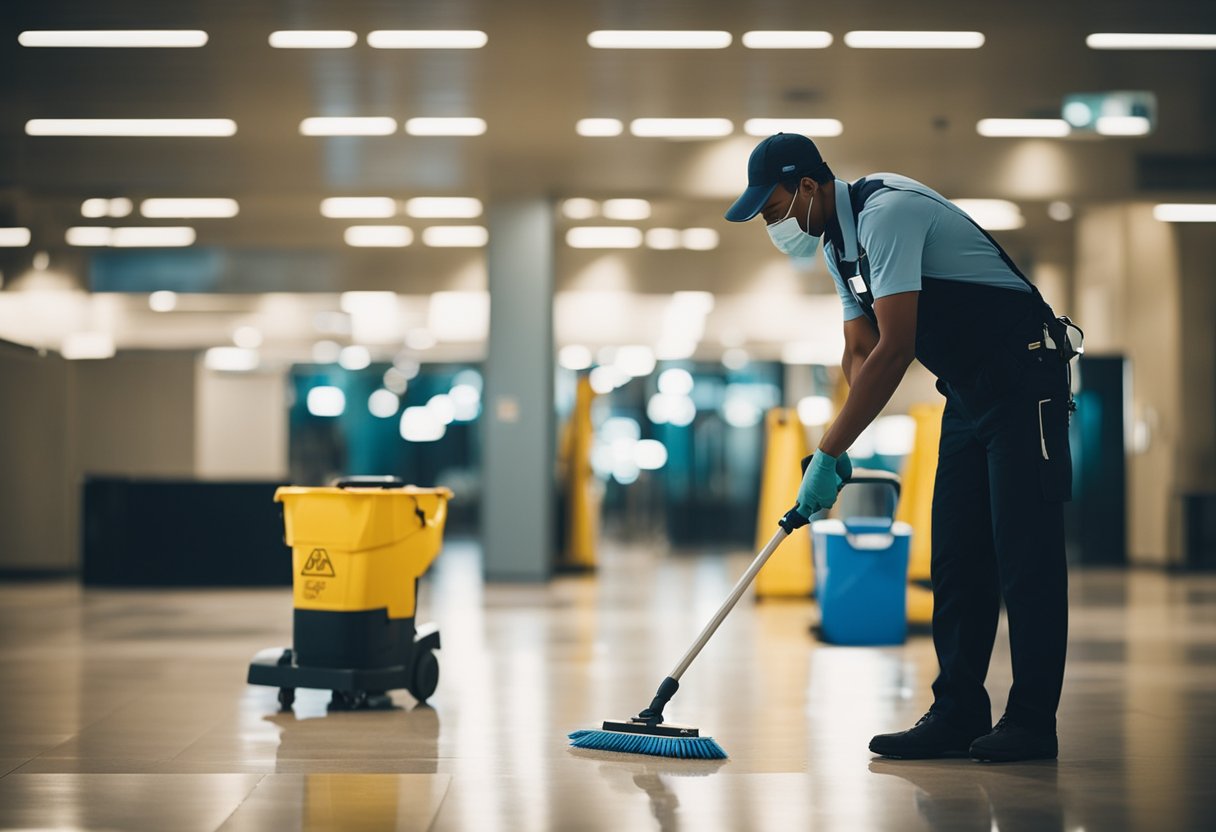 A cleaning operator working at night in a convention center, removing debris and maintaining cleanliness