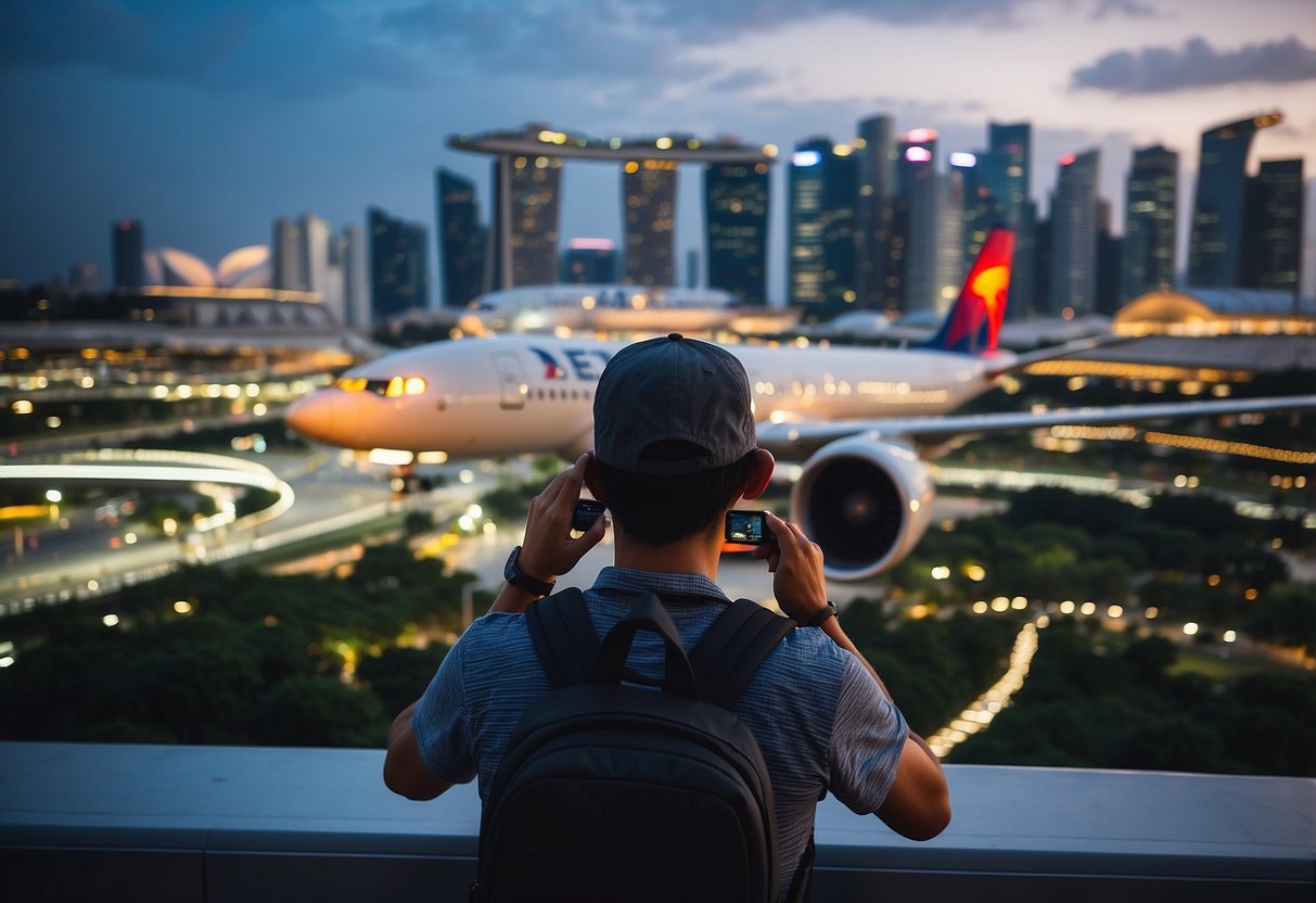 A traveler enjoying Delta Airlines' promotions in Singapore, surrounded by iconic landmarks and vibrant cityscape