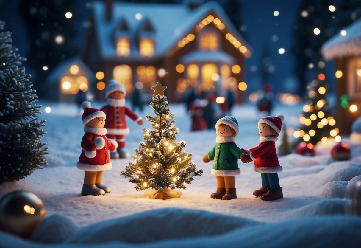 Families decorate a Christmas tree with ornaments and lights, while others build snowmen and go ice skating on a frozen pond