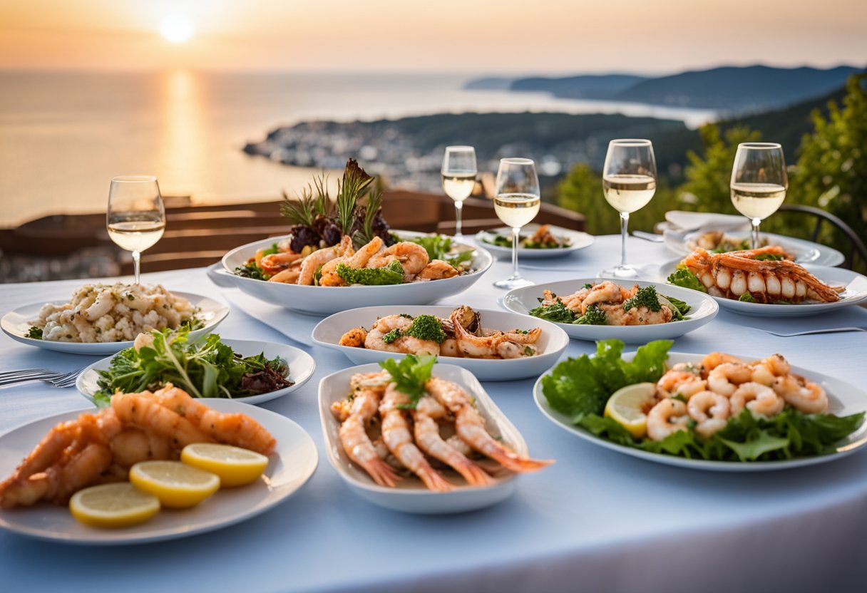 A table set with a variety of Croatian seafood dishes, including grilled fish, octopus salad, and shrimp scampi, surrounded by the beautiful Adriatic Sea in the background