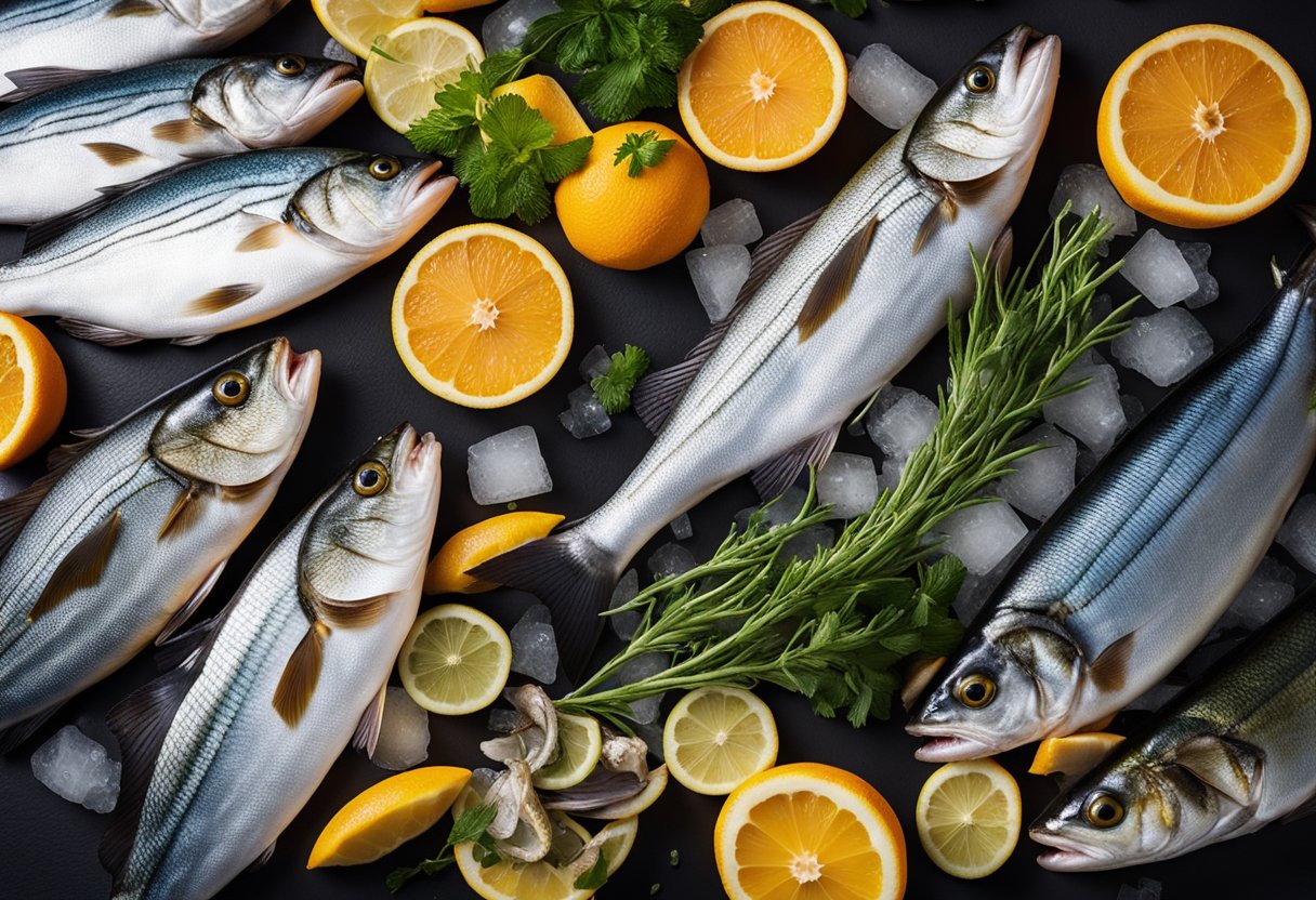 A variety of fresh Croatian fish, including sea bass, mackerel, and sardines, are displayed on a bed of ice, surrounded by vibrant herbs and citrus fruits