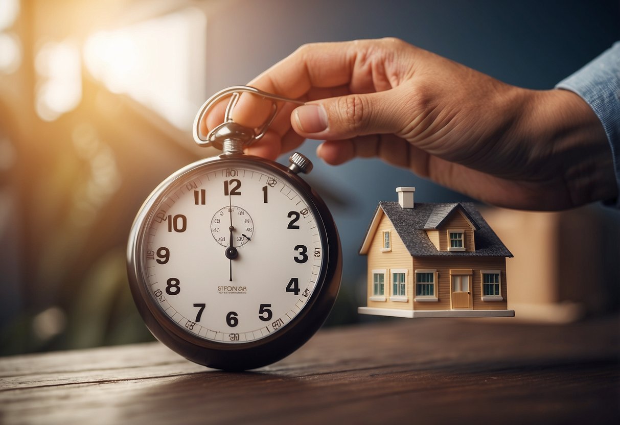 A person holding a house and a stopwatch, with a dollar sign and arrows indicating a quick and efficient refinance process