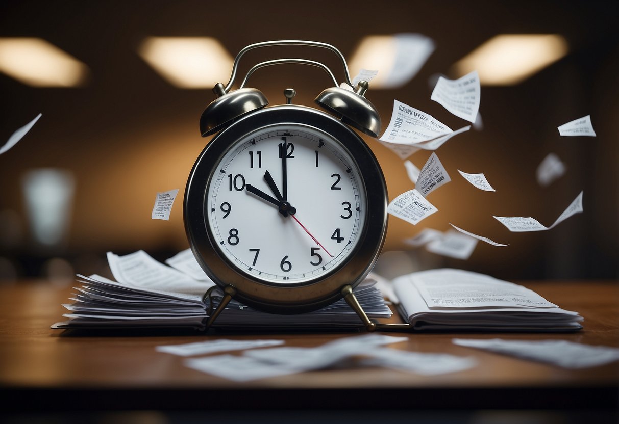 A stack of paperwork flies through the air as a computer screen displays a progress bar rapidly filling up. A clock on the wall shows the time ticking by quickly