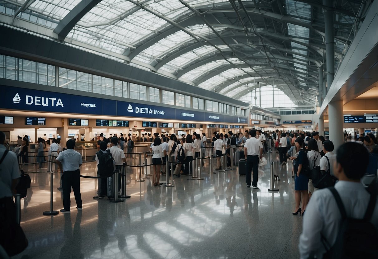A busy airport terminal with a prominent Delta Airlines promotions booth in Singapore, surrounded by travelers and staff