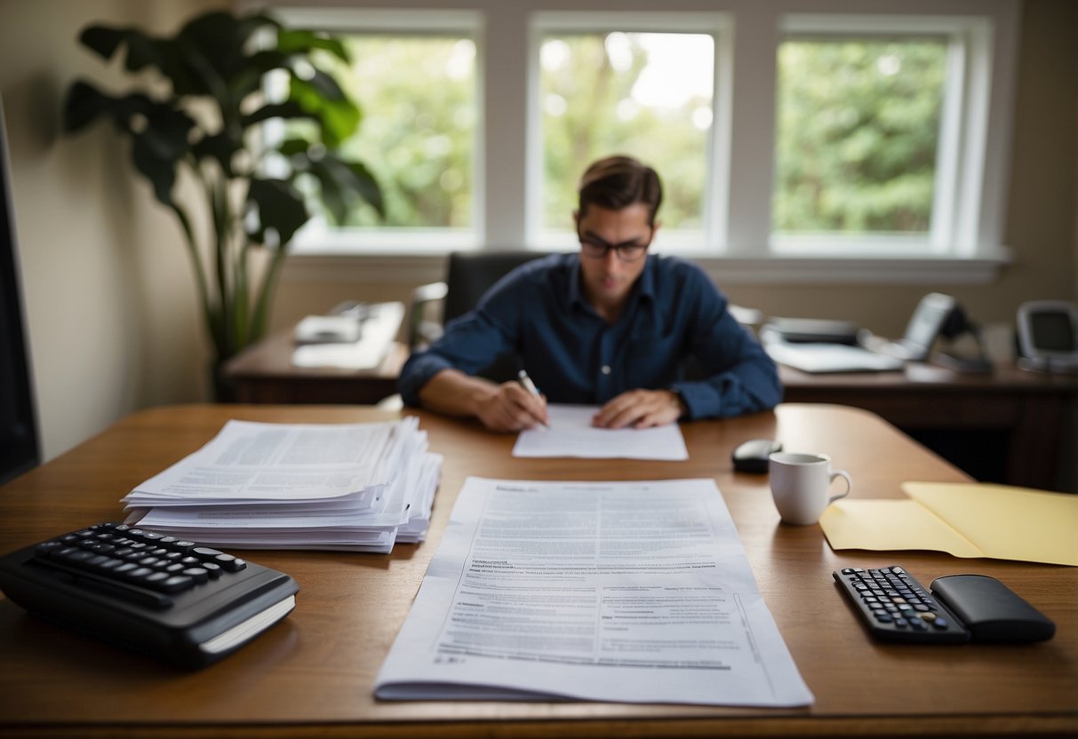 A person sitting at a desk, looking at a computer screen with the words "fast refinance" displayed prominently. Papers and a pen are scattered on the desk, indicating that the person is considering their options