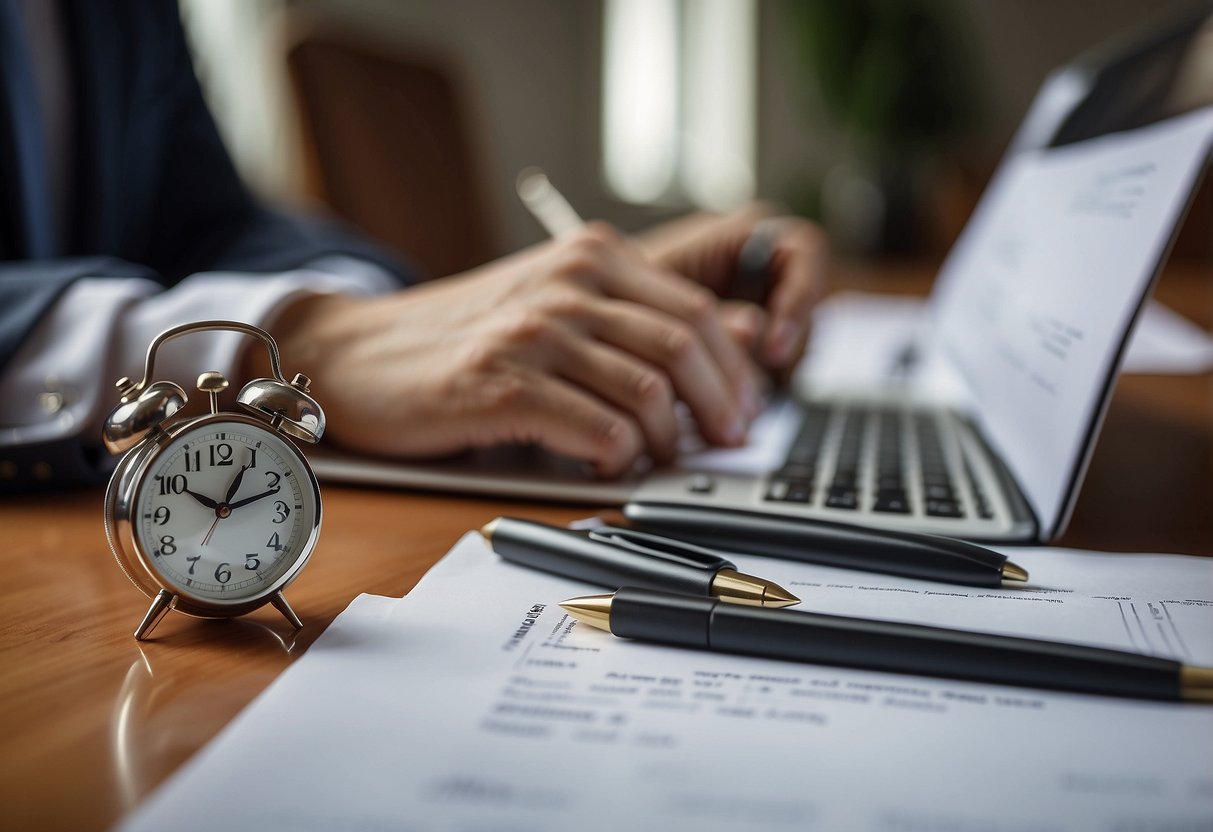 A person signing mortgage papers while a clock ticks in the background, symbolizing the urgency of fast refinancing