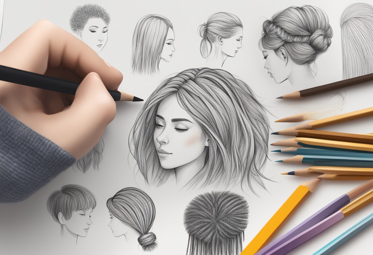 A hand holding a pencil, drawing different hair textures and styles on a sketchpad. Various hair strands are depicted using different pencil strokes