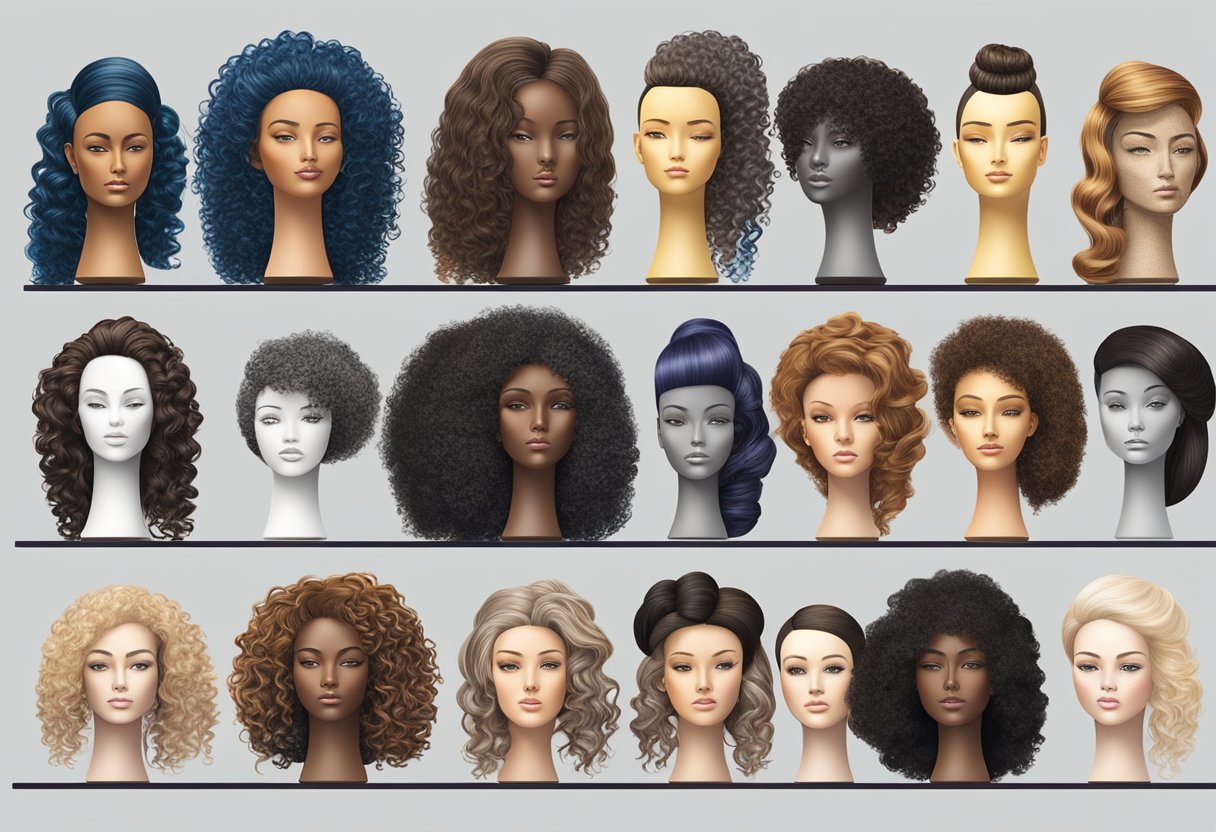 A diverse group of mannequin heads with various hair textures and styles displayed on a table, including curly, straight, wavy, and coiled hair