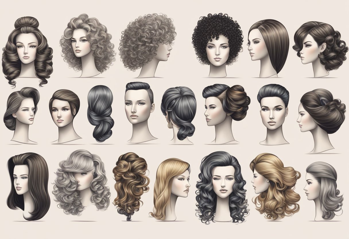 A variety of hairstyles, from sleek and straight to curly and voluminous, are displayed on mannequin heads