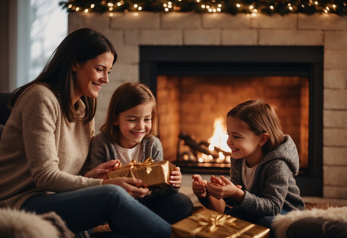 Families exchanging gifts and holiday greetings around a cozy fireplace