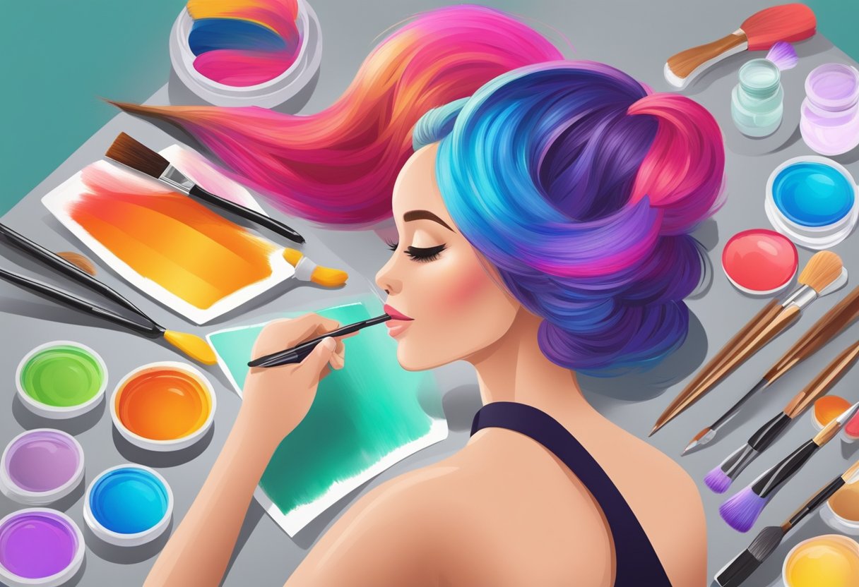 A woman's hair being colored with vibrant hues, a stylist's hand carefully applying the dye, and a colorful palette of hair dye tubes and brushes on a table