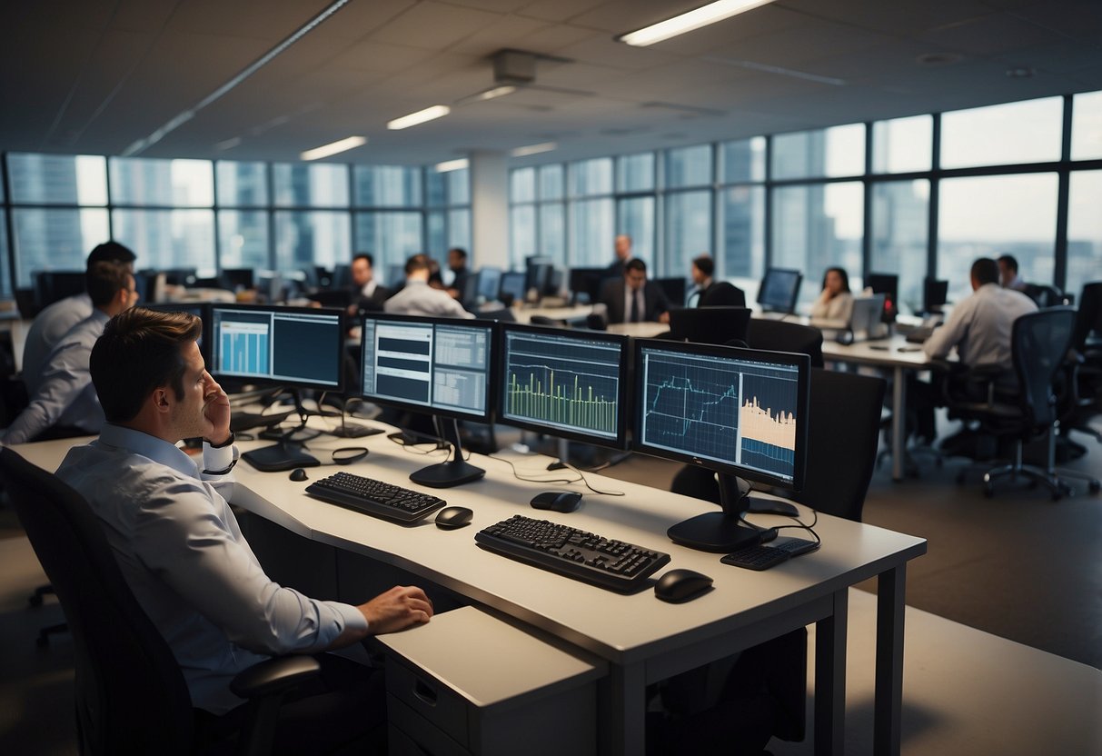 A bustling office with professionals processing paperwork and discussing finances. Multiple computer screens display financial data and charts. The room is filled with the sound of ringing phones and clicking keyboards