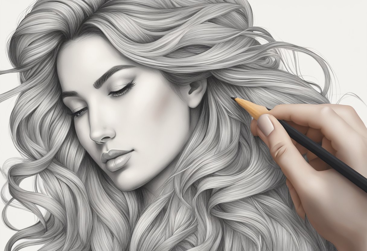 A hand holding a pencil adds final details to a flowing, textured hairstyle