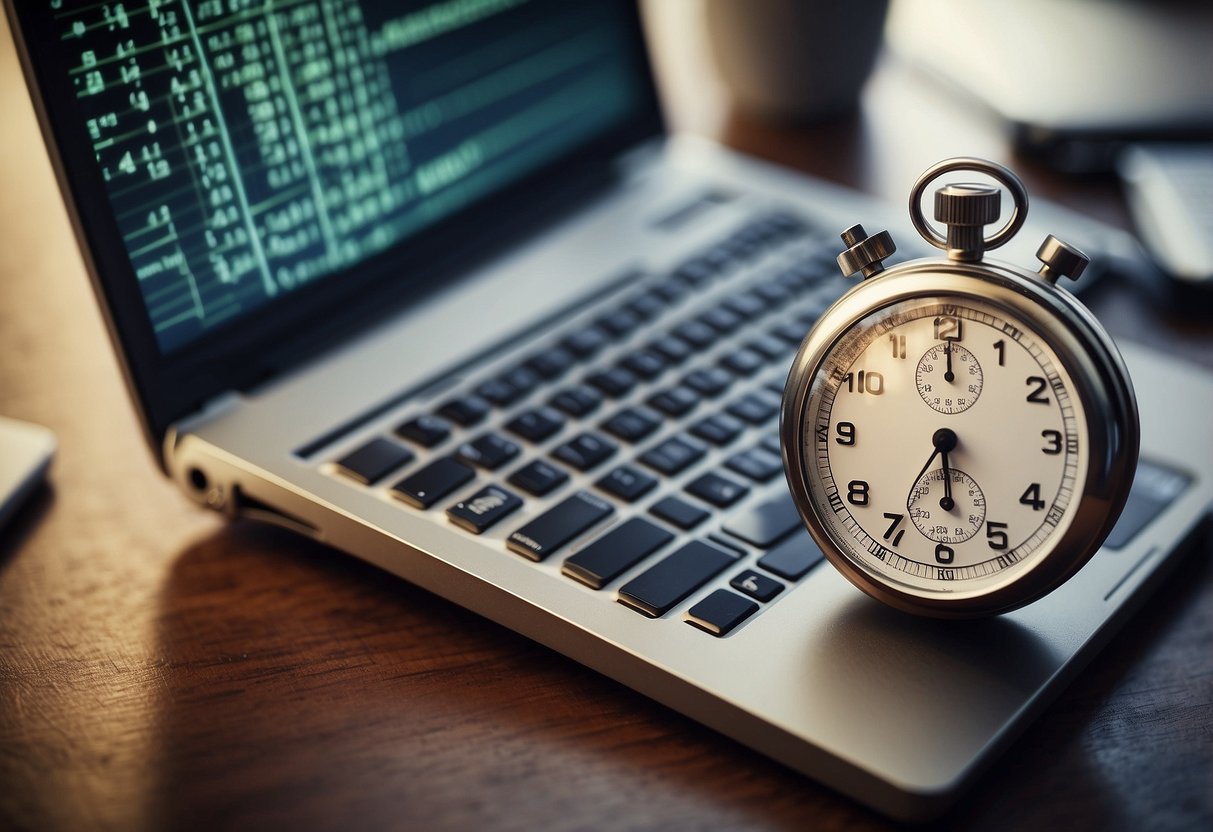 A borrower types on a computer, a stopwatch in the background. The word "Fast Refinance" is highlighted on the screen