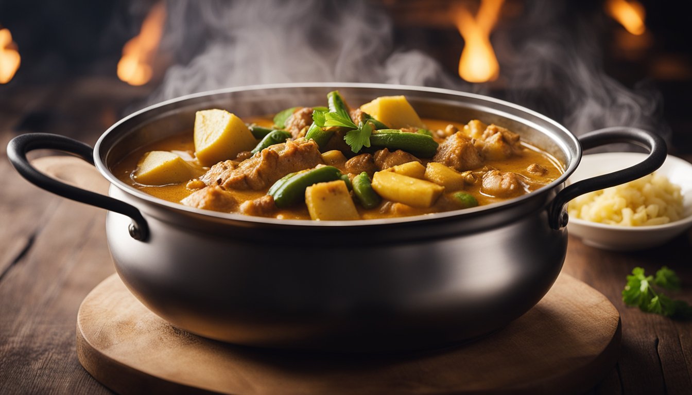 A large pot simmering with aromatic curry sauce, filled with chunks of tender fish head, potatoes, and okra. Steam rises from the pot, filling the air with the rich, spicy scent of the dish