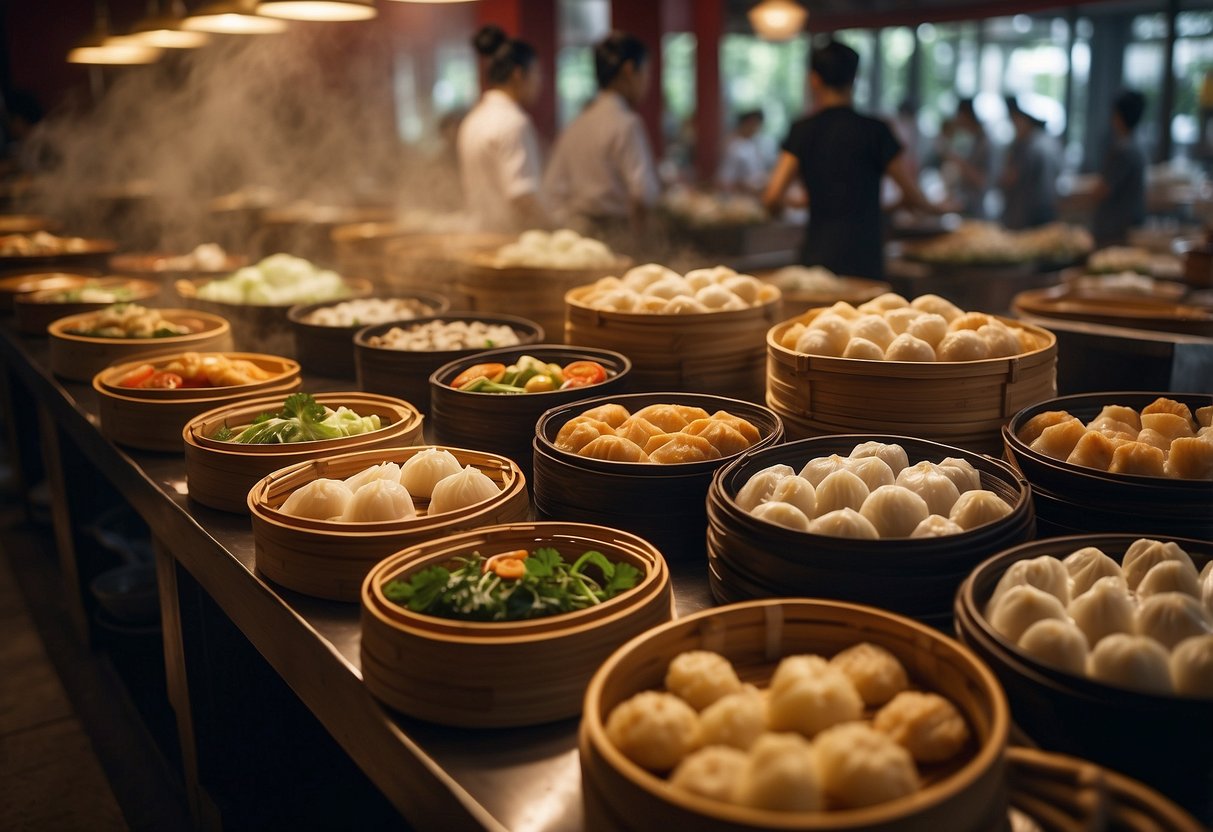 A bustling restaurant with steaming bamboo baskets of dim sum, colorful plates of dumplings, and a variety of traditional Chinese dishes on display for a lunch buffet promotion in Singapore