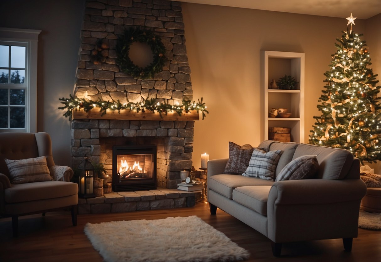 A cozy living room with a crackling fireplace, adorned with twinkling lights and a beautifully decorated Christmas tree. A warm, inviting atmosphere filled with holiday cheer