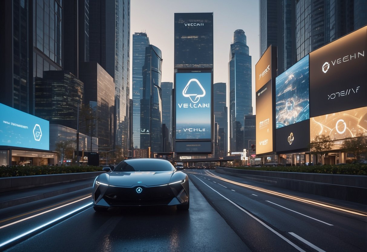 A futuristic cityscape with VeChain logos displayed on digital billboards, while drones and autonomous vehicles navigate the streets, showcasing the technological advancements in VeChain