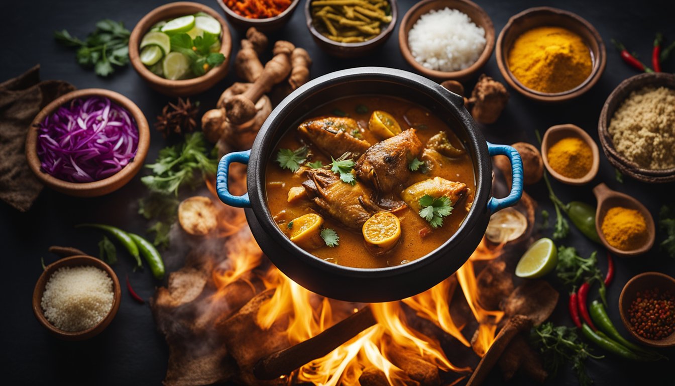 A large pot of curry fish head simmers over a smoky fire, surrounded by colorful spices and ingredients. A group of people gather around, sharing stories and laughter, showcasing the cultural significance of this traditional dish