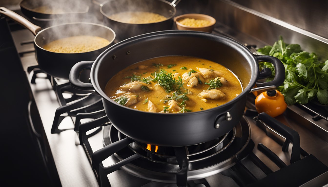 A large pot simmers on a stove, filled with chunks of fish head, curry spices, and aromatic herbs. Steam rises as the rich, golden sauce thickens, filling the kitchen with a tantalizing aroma