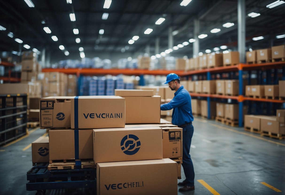 A warehouse with VeChain's logo on crates, being scanned by IoT devices for supply chain tracking