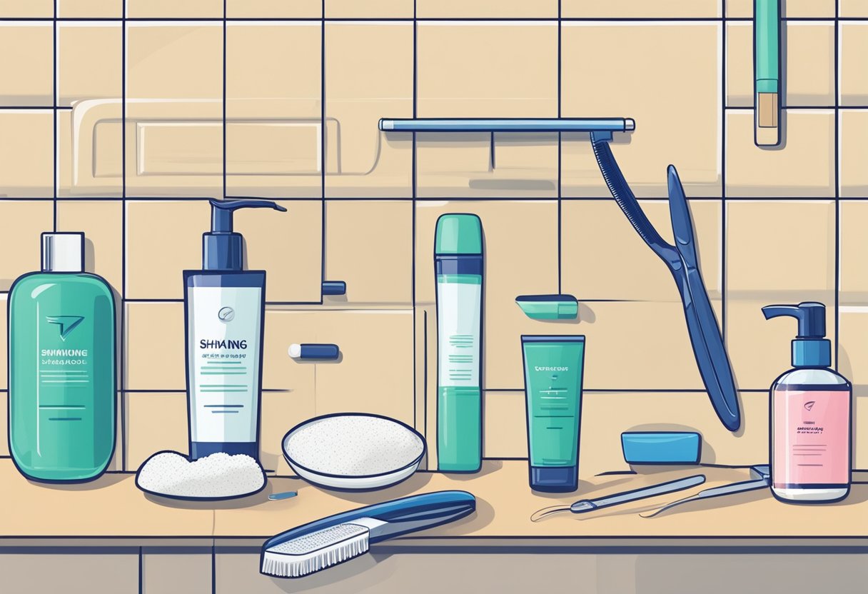 A bottle of exfoliating scrub next to a razor and tweezers on a bathroom counter. A diagram showing proper shaving techniques on the wall