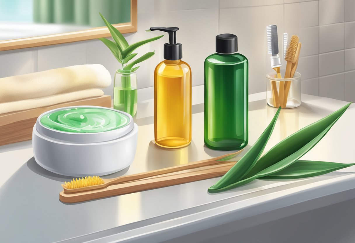 A bottle of tea tree oil and aloe vera gel on a bathroom counter, with a pair of tweezers and a warm compress nearby