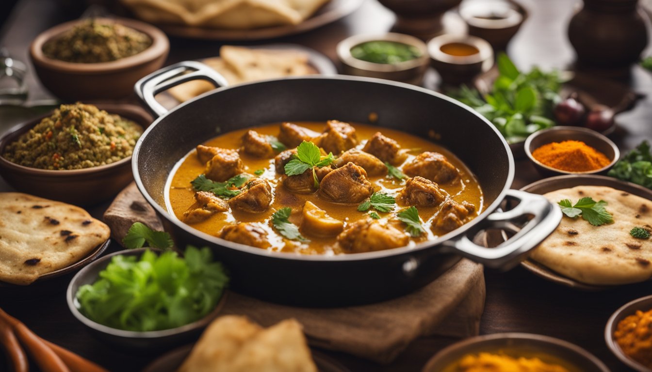 A steaming pot of curry fish head surrounded by colorful spices and herbs, with a stack of plates and a basket of warm, fluffy naan bread on the side