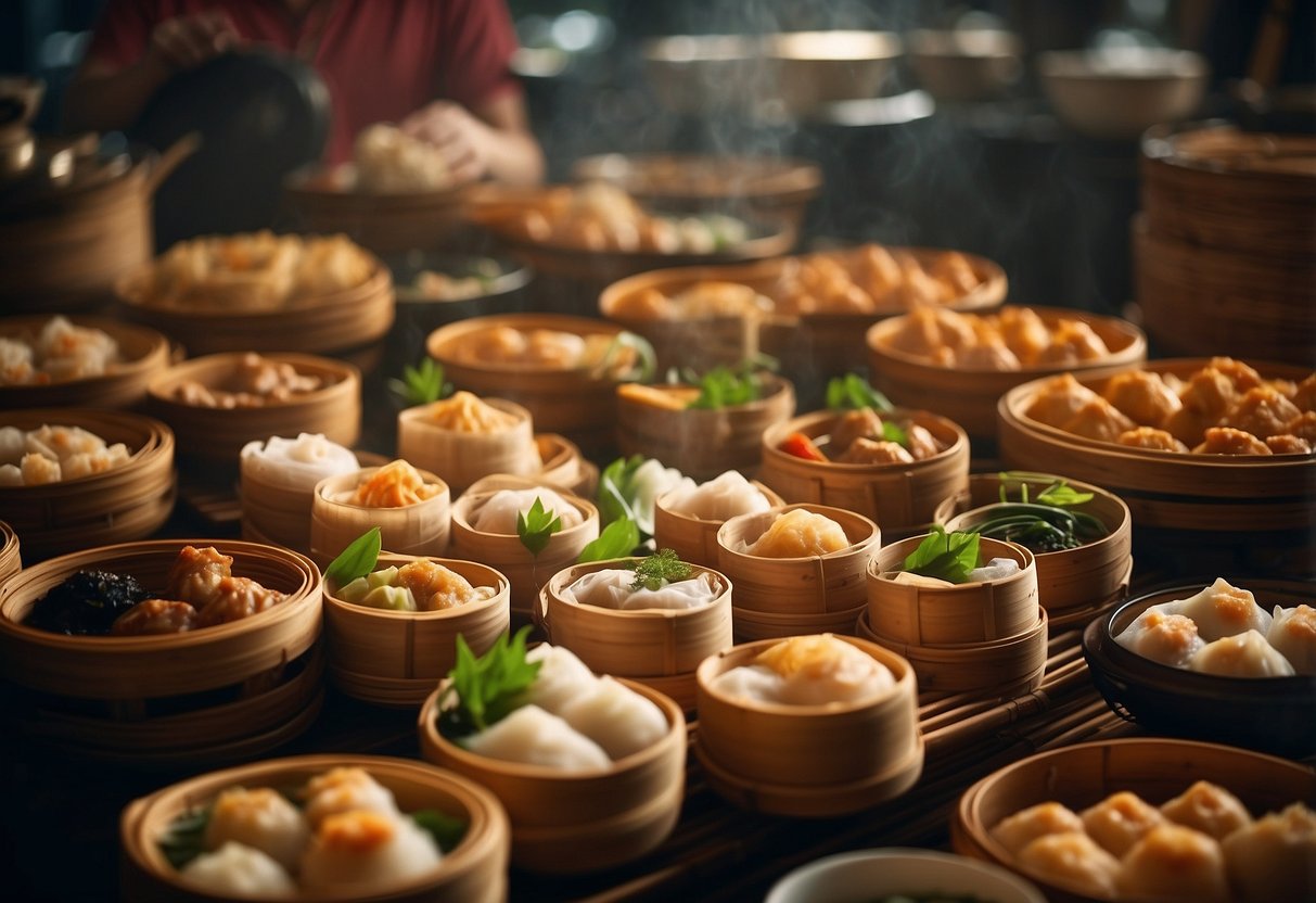 A table filled with steaming bamboo baskets of assorted dim sum, surrounded by vibrant decor and bustling servers at a Singaporean restaurant