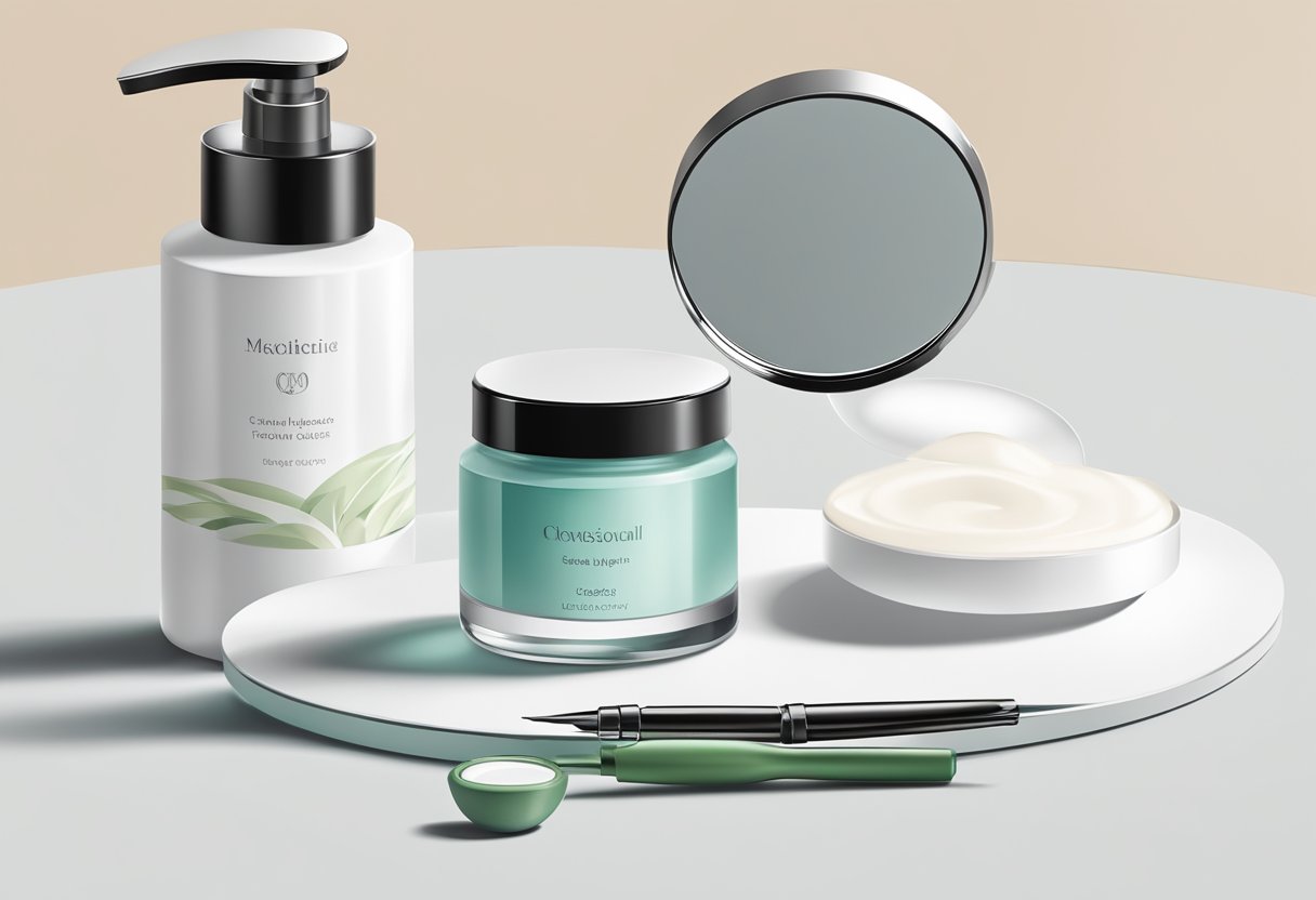 A bottle of soothing lotion next to a pair of tweezers and a magnifying mirror on a clean, white surface