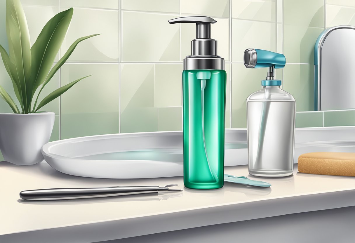 A bottle of soothing lotion next to a pair of tweezers and a magnifying glass on a bathroom counter