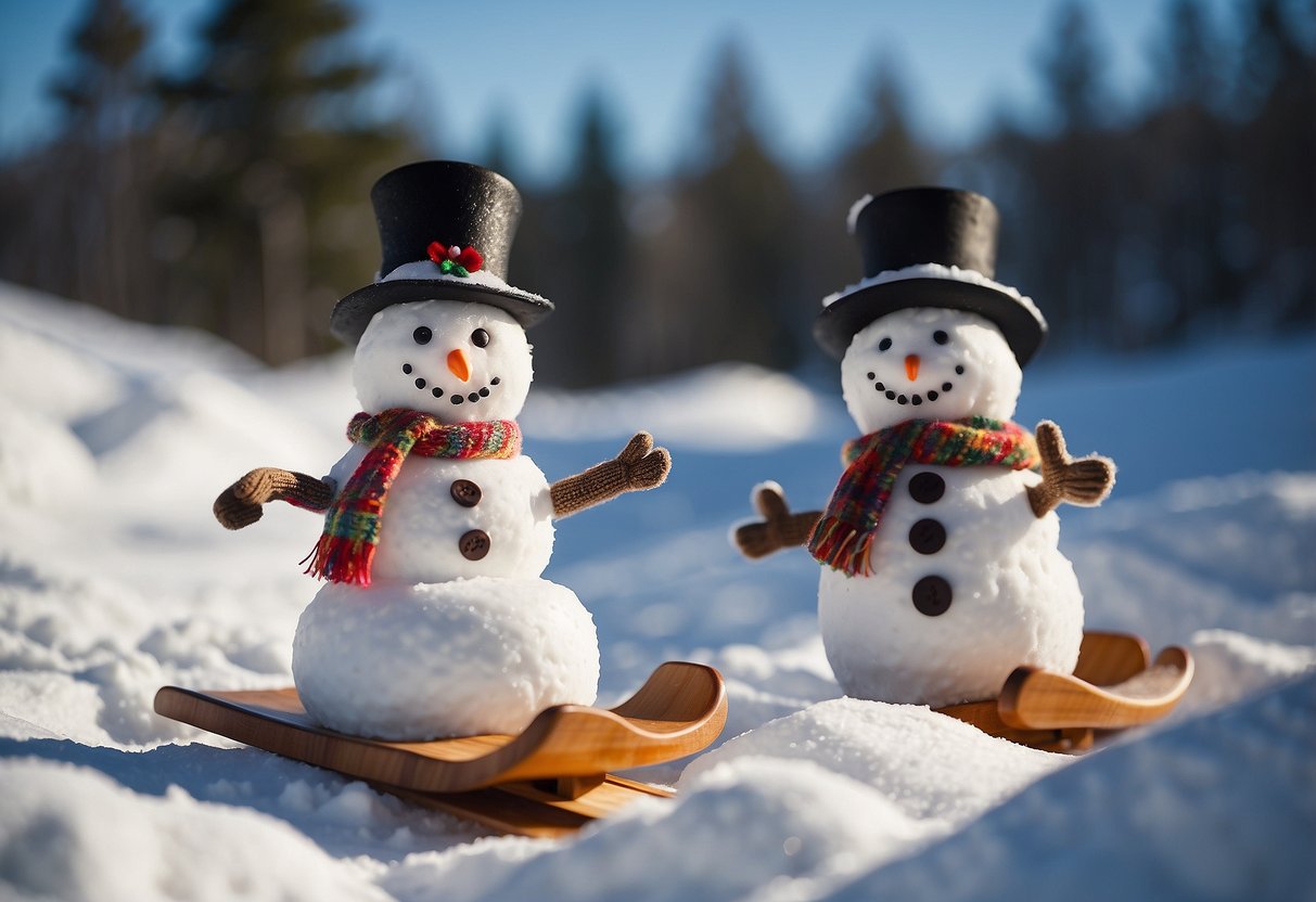 A snowman sliding down a hill on a sled, while another snowman is building a snow fort nearby