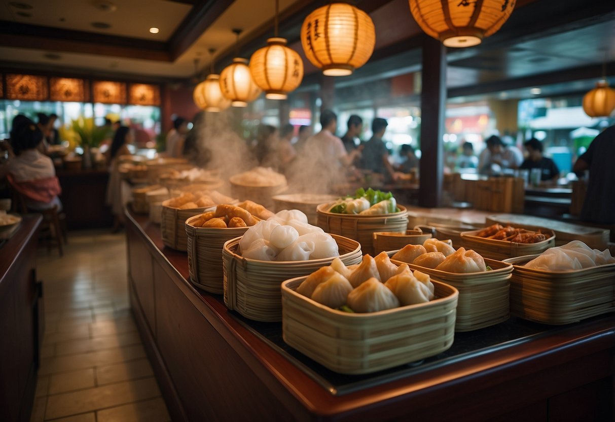 A bustling dim sum restaurant with steaming bamboo baskets, colorful table settings, and a prominent sign advertising "Exclusive Deals and Where to Find Them" buffet lunch promotions in Singapore