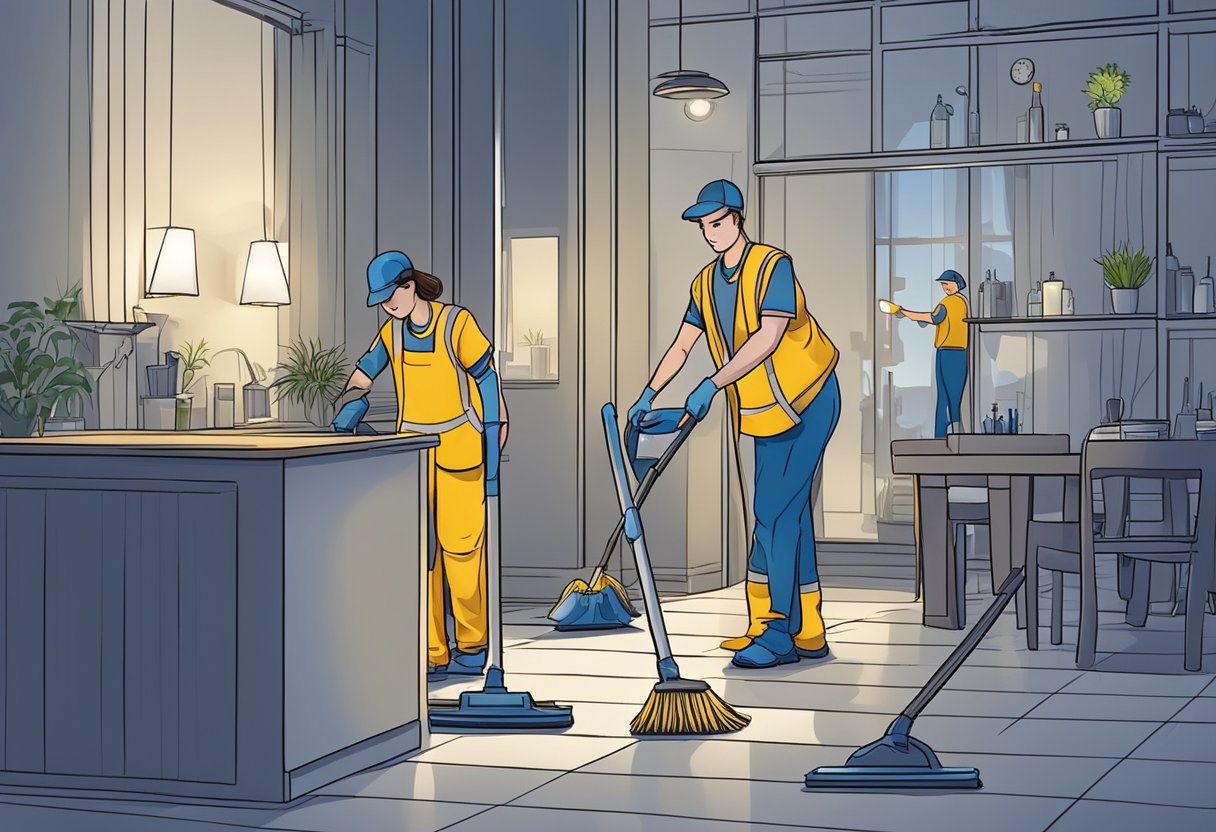 A cleaning crew works at night, tidying up after parties and weddings