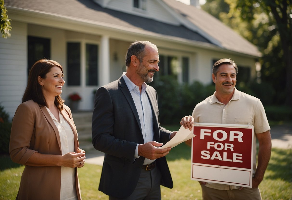 A family outside a house, holding a "For Sale" sign while talking to a banker about non-resident home loans