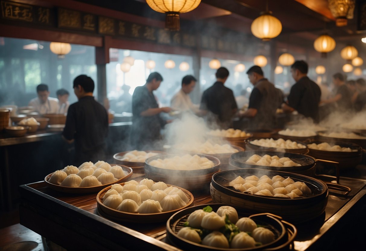 A bustling dim sum restaurant with steam rising from bamboo baskets, plates of dumplings and buns displayed on tables, and customers lining up for the buffet