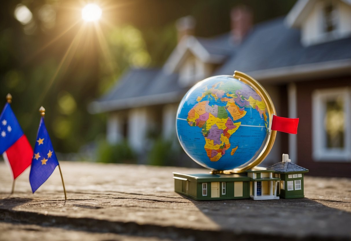 A house with a "Non-Resident Home Loan" sign in front, surrounded by international flags and a globe, symbolizing global eligibility