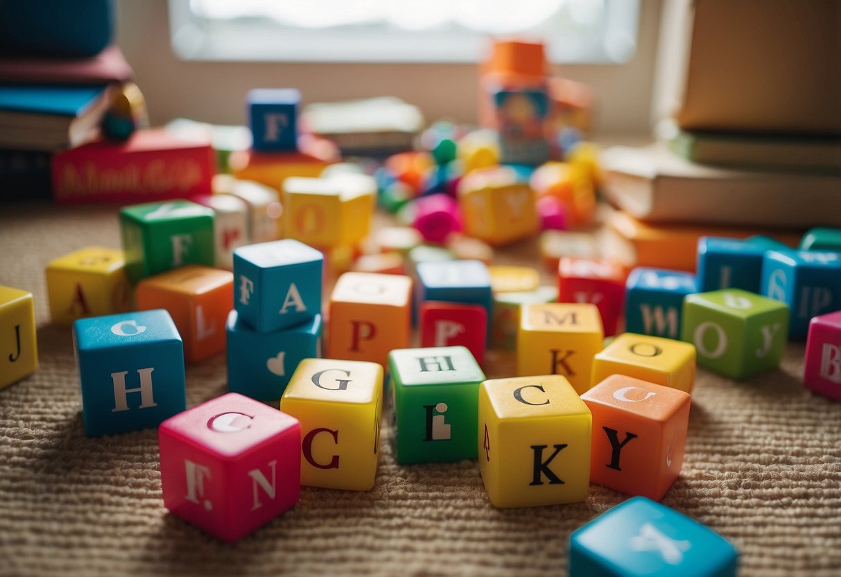 Colorful alphabet blocks scattered on a bright rug, surrounded by children's books and educational toys