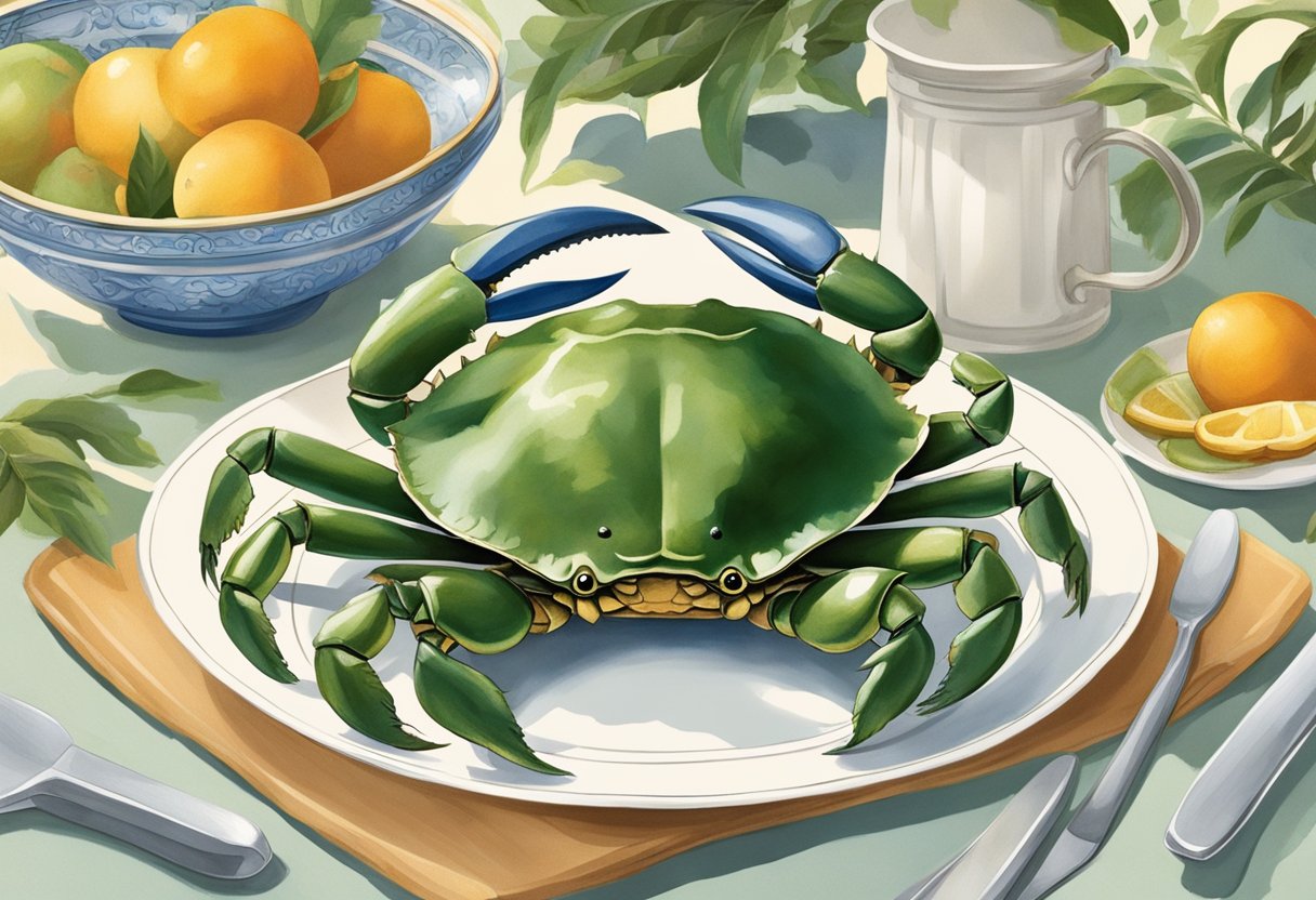 A crab with claws raised, surrounded by dancing utensils and plates in an orchard setting