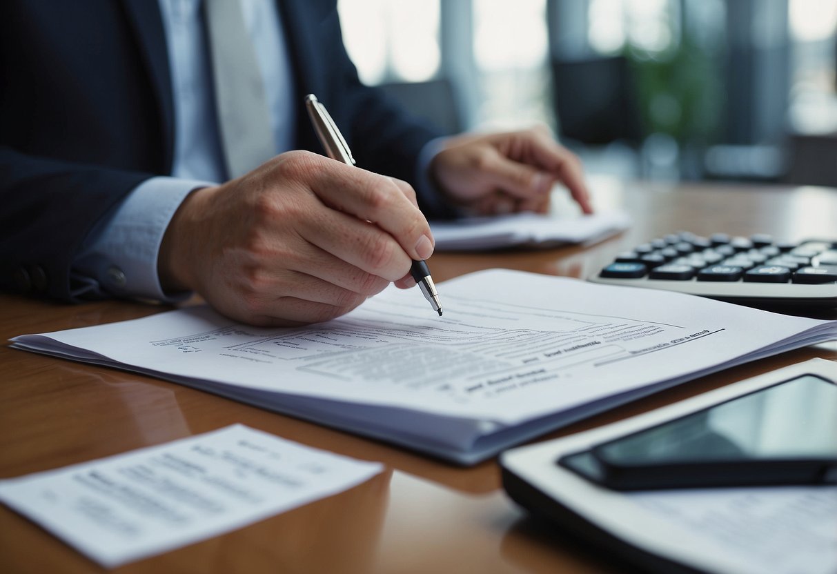 A person signing loan documents at a bank, with a stack of papers and a calculator on the desk. The banker is explaining the terms of a non-resident home loan