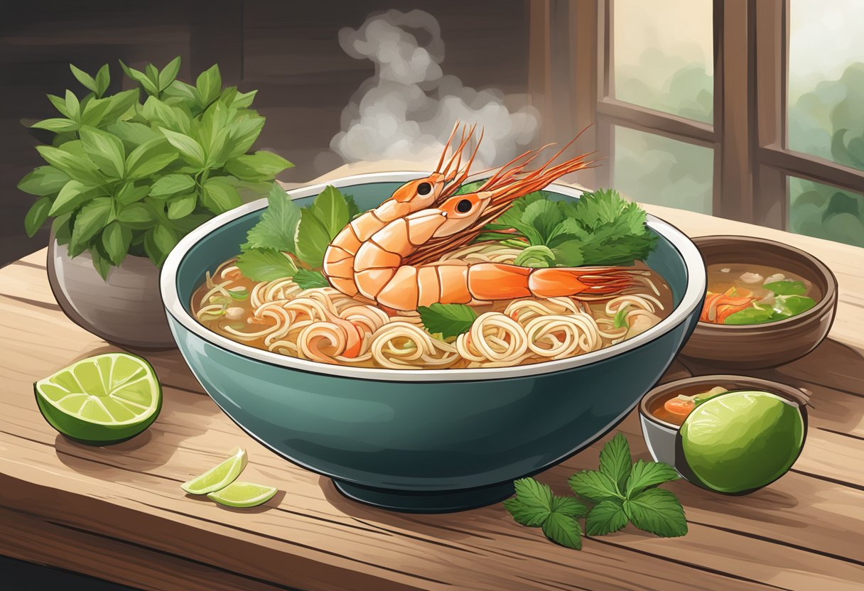 A steaming bowl of Da Dong Prawn Mee sits on a rustic wooden table, surrounded by fresh herbs, chili, and lime, with a rich, fragrant broth and succulent prawns